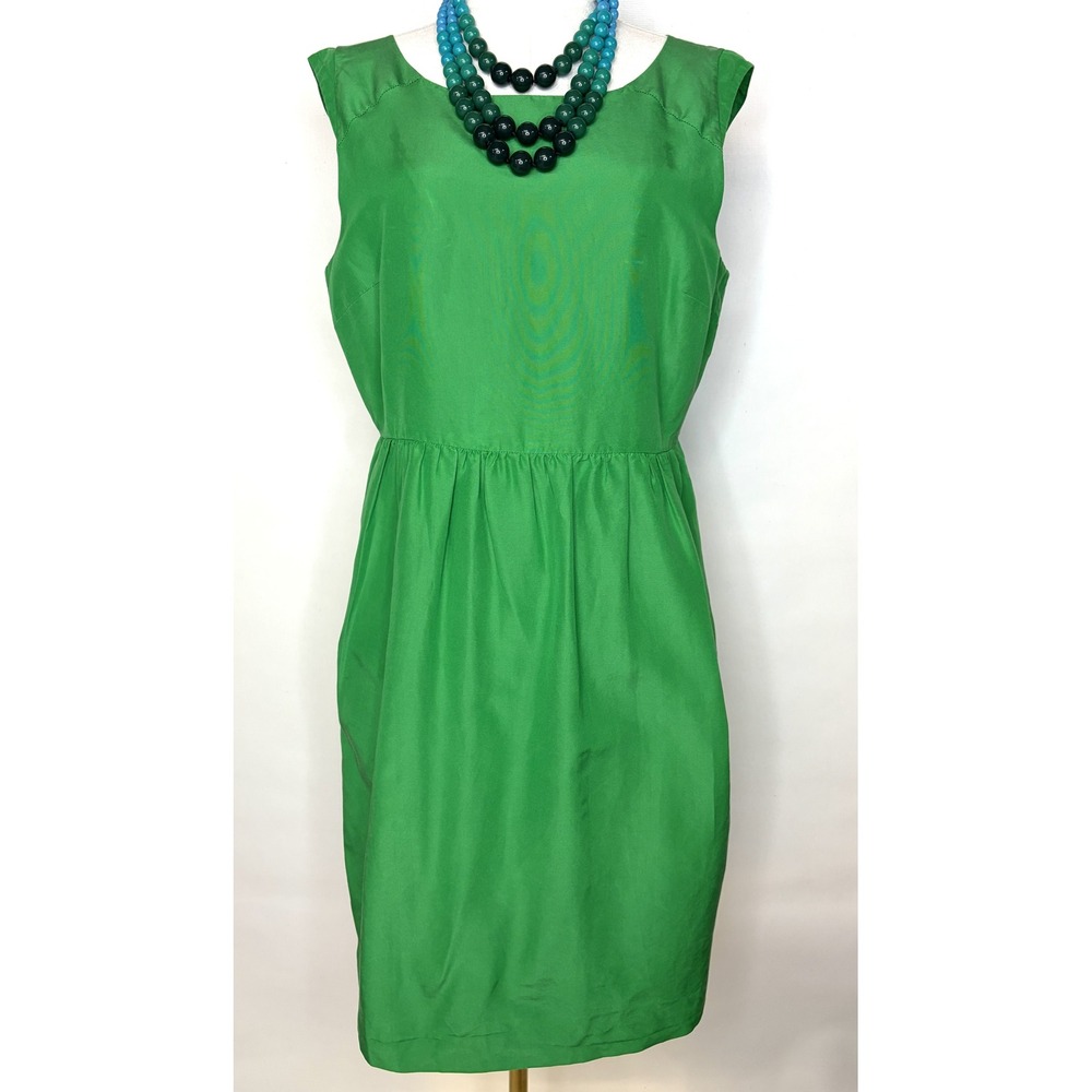 Green Cotton Silk Blend Sleeveless Pleated Waist Cocktail Party Dress Size M - Picture 2 of 7